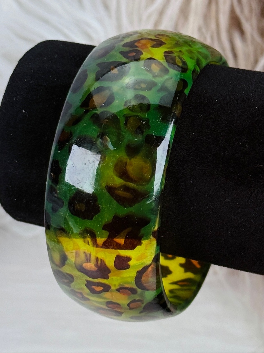 Green Leopard Print Lucite Bangle Bracelet Wide Statement